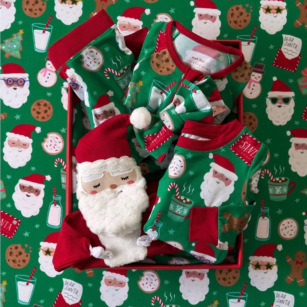 Little Sleepies Santa Pajama Set - Green and Red